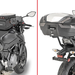 GIVI 4117FZ na Kawasaki Z650 — porównanie montażu z kufrem i bez; płyta i kufer osobno