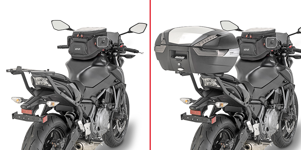 GIVI 4117FZ na Kawasaki Z650 — porównanie montażu z kufrem i bez; płyta i kufer osobno