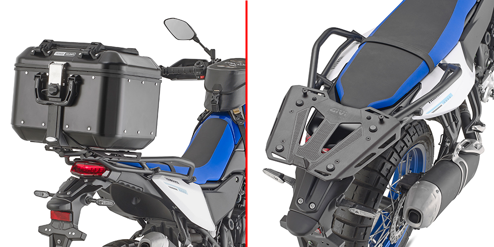 Stelaż GIVI SR2174 zamontowany na Yamaha Ténéré 700 — kufer i płyta pokazane jako przykład, sprzedawane osobno